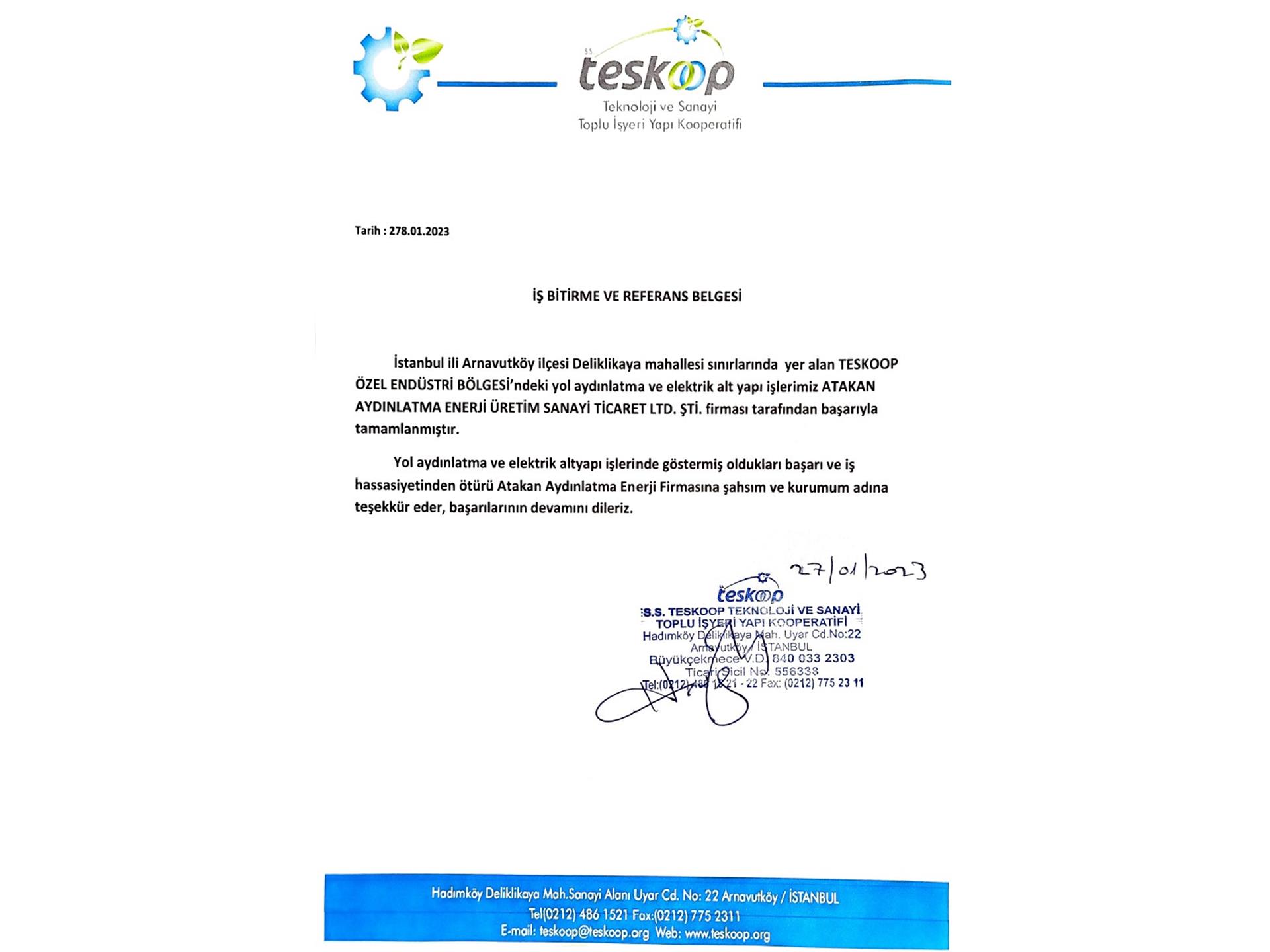 Teskoop İş Bitirme Belgesi