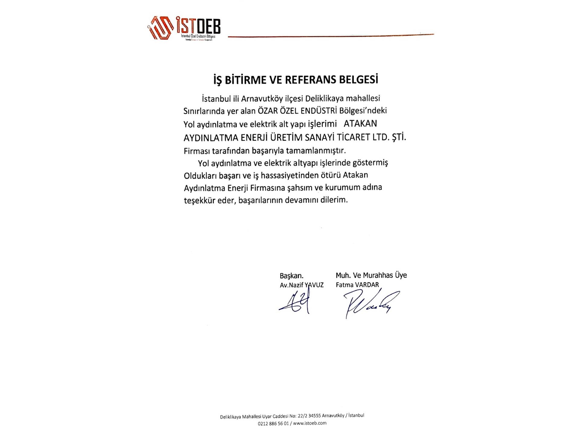 İSTOEB İş Bitirme Belgesi
