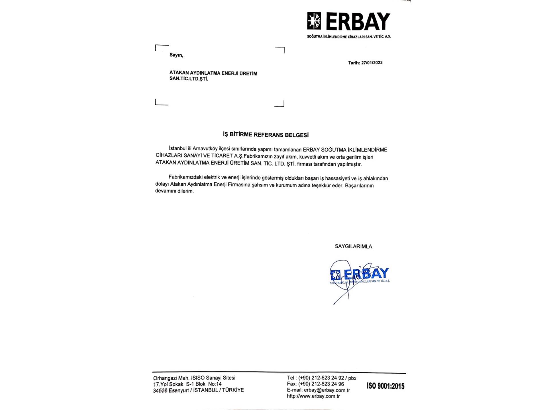 Erbay Soğutma İş Bitirme Belgesi